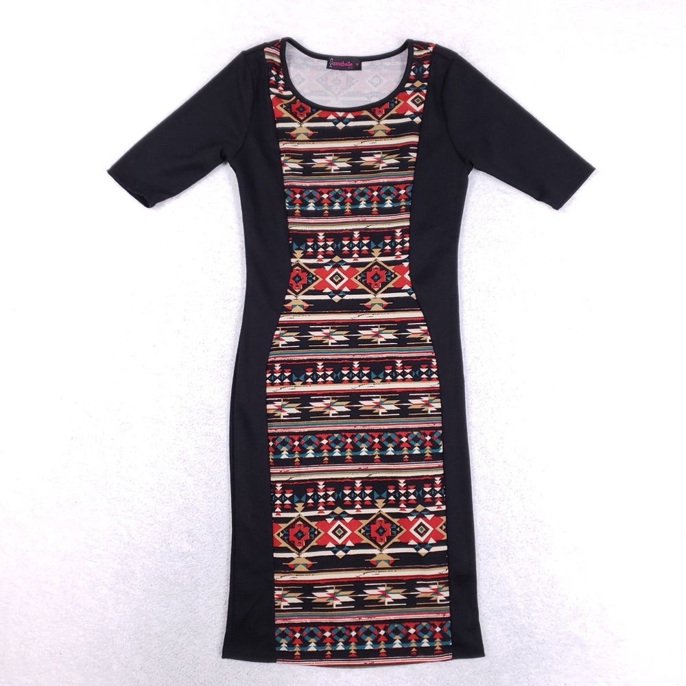 Annabelle Southwestern Geometric Sheath Dress Womens M‎ Aztec Bodycon Black Midi